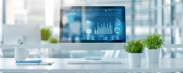 Business workspace with high-tech analytics dashboard, showing brand awareness