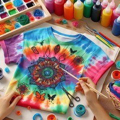 141 81 Children's craft of designing a tie dye t shirt using col