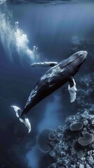 Fototapeta premium A humpback whale gracefully swims through vibrant coral reefs