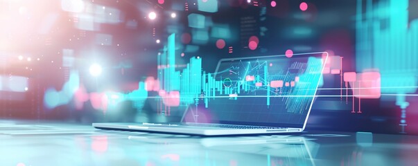 Obraz premium Minimalist digital background with online advertising visuals on a laptop screen