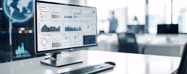 Business workspace with high-tech analytics dashboard on a large screen