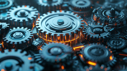 A close up of a bunch of gears with one of them being orange. The gears are all different sizes and are all connected to each other. Concept of complexity and interconnectedness