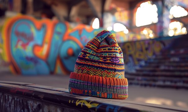 old knitted beanie with colorful patterns on skateboard park railings with graffiti-covered walls and skatepark half pipe in background