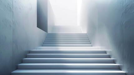 Fototapeta premium A minimalist white staircase leads upwards towards a bright, open doorway. The light shines in, illuminating the steps and creating a sense of hope and possibility.