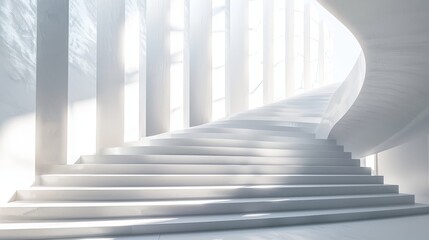 A modern, white staircase spirals upwards towards a bright, sunlit space.