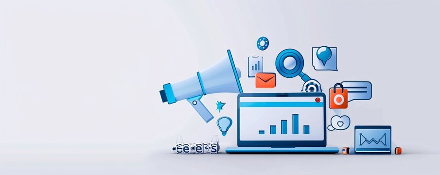 Minimalist soft-toned design with essential marketing equipment and a laptop screen, focusing on unique online advertising methods