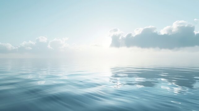 A serene seascape with calm, blue waters and fluffy white clouds reflecting in the gentle waves. - Powered by Adobe