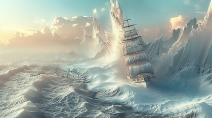 A ship frozen in ice, surrounded by towering glaciers and a misty sky.  The scene is both beautiful and eerie.