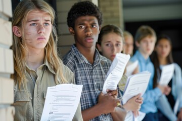 A group of young adults holding resumes and job applications, looking dejected, symbolizing the struggle with unemployment among the youth