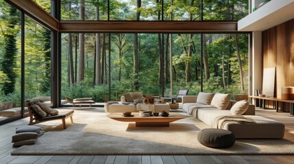 Fototapeta premium Nature-Inspired Spacious Living Room with Forest View
