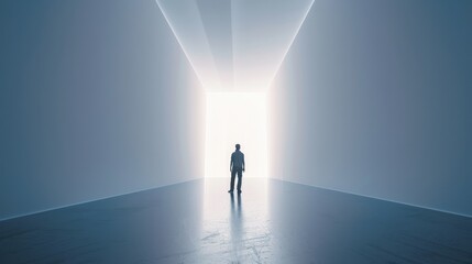 A lone figure stands in a stark white room, gazing towards a bright doorway at the end of a hallway