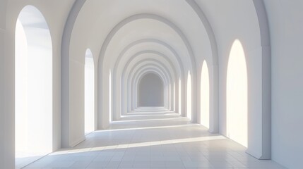 Obraz premium A minimalist hallway with arches and bright light. The white walls and floor create a clean and spacious feel.