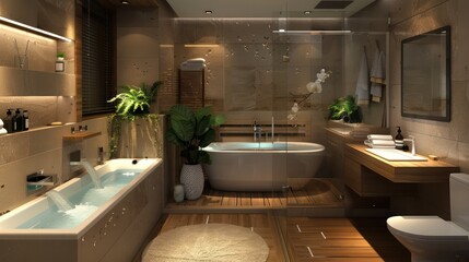 Fototapeta premium luxurious spa-like bathroom transformed into a calming office space with a waterproof desk and soothing decor