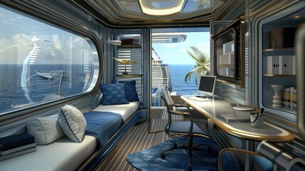 Fototapeta premium luxury cruise ship cabin designed as a mobile office, with nautical decor, a compact desk, and ocean views