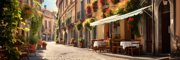 Fototapeta premium Romantic European City Street View: Exquisite Architecture, Cobblestone Streets, and Alfresco Cafe