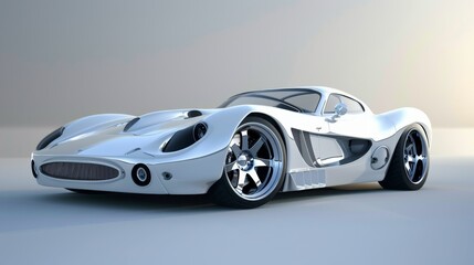 A sleek white sports car with a futuristic design, sitting on a neutral background.
