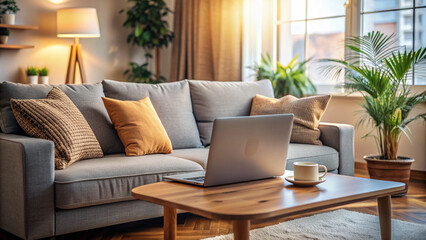 Fototapeta premium Cozy living room scene with a sleek laptop placed on a comfortable gray sofa, surrounded by soft cushions and a warm ambient atmosphere.
