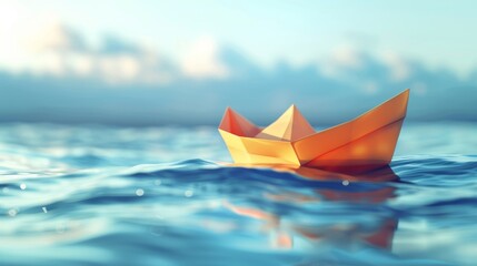 A small paper boat floats on calm blue water with a soft, blurred sunset sky in the background.