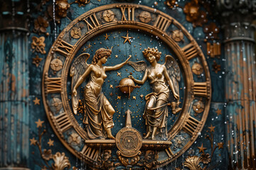 Gemini people with face close-up, east zodiac horoscope constellation symbol, blue fiery neon background.