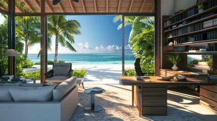 luxury villaa??s study with a state-of-the-art home office setup overlooking a private beach