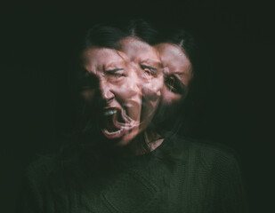 Stress, screaming and woman in studio with double exposure for mental health, psychology or bipolar on dark background. Illness, fear and person with ptsd for nightmare, personality or schizophrenia