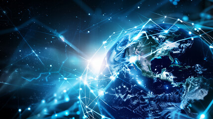 A blue planet with a network of lines surrounding it. The lines are connected to each other and to the planet, creating a sense of interconnectedness and unity. The image conveys a feeling of a vast