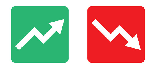 Graph going Up and Down sign with green and red arrows vector. Flat design vector illustration concept of sales bar chart symbol icon with arrow moving down and sales bar chart with arrow moving up.