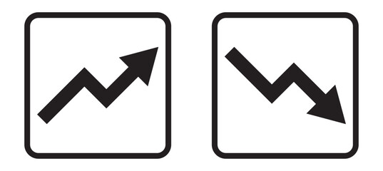 Graph going Up and Down sign with green and red arrows vector. Flat design vector illustration concept of sales bar chart symbol icon with arrow moving down and sales bar chart with arrow moving up. © Daishin