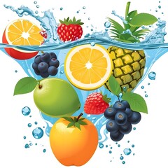 Fruity Splash of Refreshment: A vibrant array of fruits making a splash in crystal-clear water, embodying summer freshness and healthy living. 