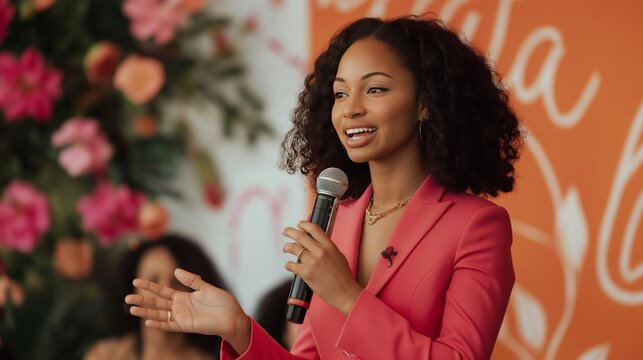 black woman in pink business attire speaking on stage at female entrepreneur event with floral backdrop in candid style