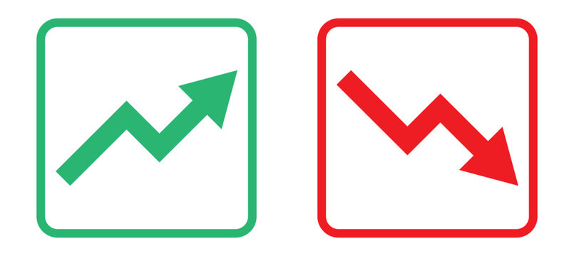 Graph going Up and Down sign with green and red arrows vector. Flat design vector illustration concept of sales bar chart symbol icon with arrow moving down and sales bar chart with arrow moving up.