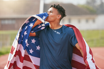Winner, runner and man with American flag on track for celebration, achievement or victory at...