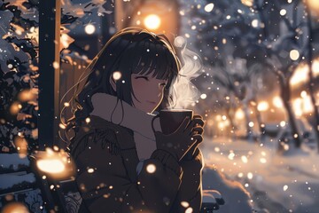 Having a hot chocolate break in the snow, cozy vibe, Generative AI 