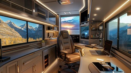 mobile office set up in a luxury RV, with state-of-the-art technology, comfortable furnishings, and the flexibility to work from anywhere