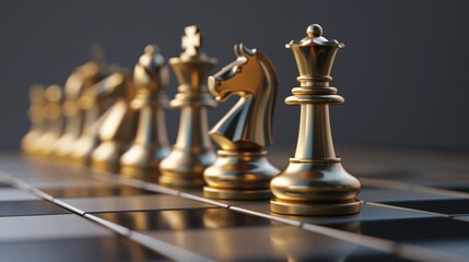 Golden chess pieces lined up on a board, symbolizing strategy, leadership, and teamwork.