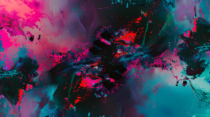 Bright abstract artwork featuring splashes of vivid pink, teal, and black colors, creating a dynamic and energetic visual experience with layers and textures