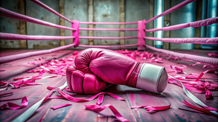 Close-up of a pink boxing glove lying on a rough, worn-out boxing ring floor, surrounded by scattered pink wraps and a few fallen boxing tapes.