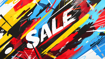 Vibrant abstract artwork featuring bold colors and dynamic brush strokes with the word sale prominently displayed in white, conveying excitement and urgency in promotions