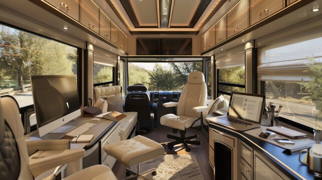 mobile office set up in a luxury RV, with state-of-the-art technology, comfortable furnishings, and the flexibility to work from anywhere