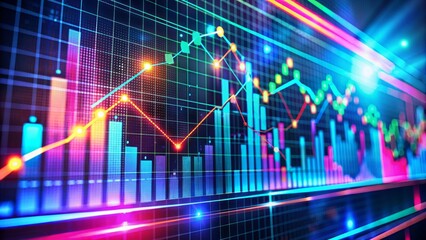 Fototapeta premium Colorful digital graph showing rising business stocks, investment data, and financial profit metrics on a sleek, futuristic dashboard with subtle neon lighting and grids.