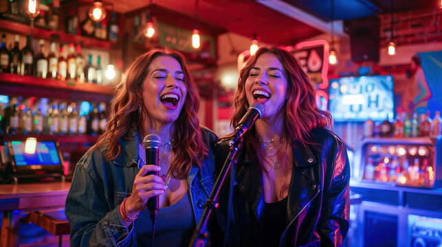 deux copines souriante en train de chanter &agrave; un karaok&eacute; dans un bar