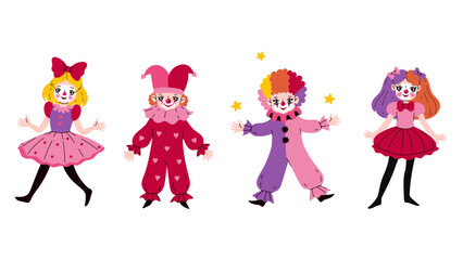 Set of funny four clowns boys and girls. Vector graphics.