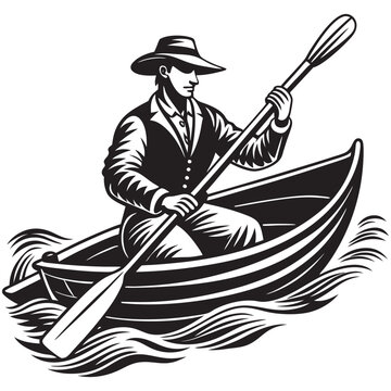 man paddling boat black and white clip art preview