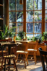 Interior of a cafe with wooden tables and chairs, Paris, France