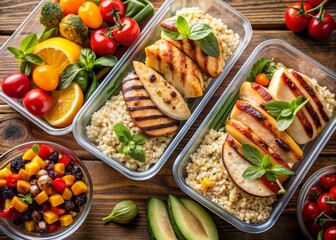 Freshly prepared nutritious meals in portion-controlled containers featuring grilled chicken, quinoa, roasted vegetables, and fruits, showcasing a balanced diet for a healthy lifestyle.