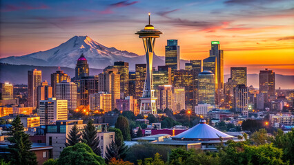 Vibrant cityscape of Seattle's majestic skyline at dusk, featuring iconic skyscrapers, sparkling waterfront, and majestic Olympic Mountains in the distance.
