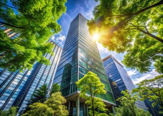 Contemporary office tower rises above lush green trees, symbolizing harmony between business growth and environmental sustainability, conveying prosperity and achievement.