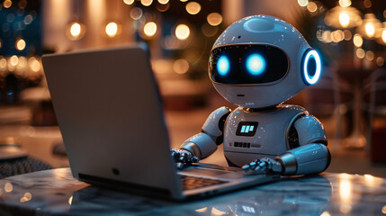a robot sitting at a laptop