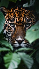 Obraz premium A jaguar peers intently from behind a wall of vibrant rainforest leaves