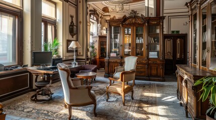 Fototapeta premium sophisticated office in a restored historical building, with antique furniture and the latest in office technology